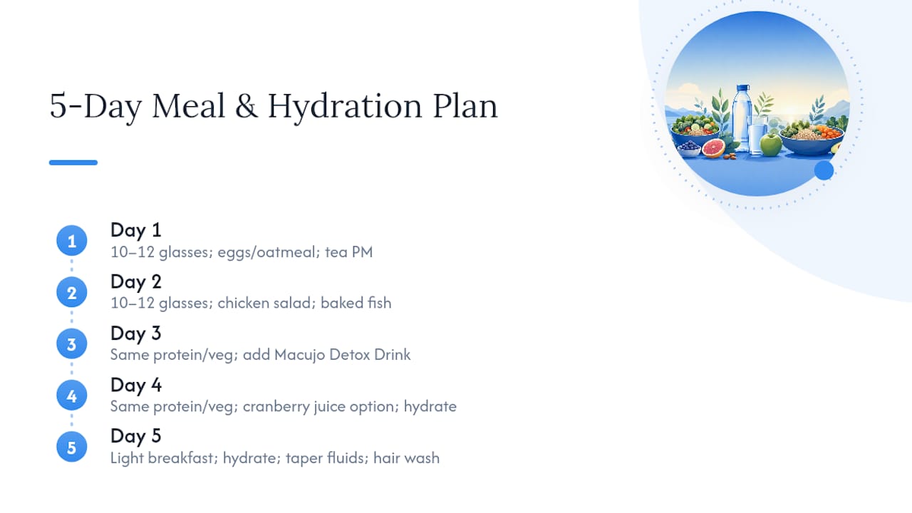 Five-day meal and hydration timeline