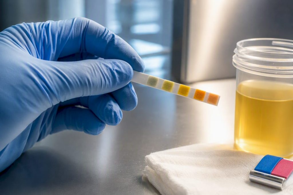 Temperature strip checked beside specimen container