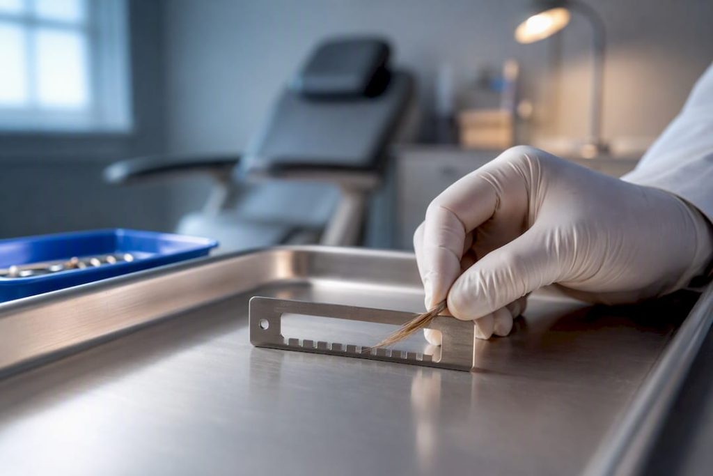 Analyst examining body hair test specimen