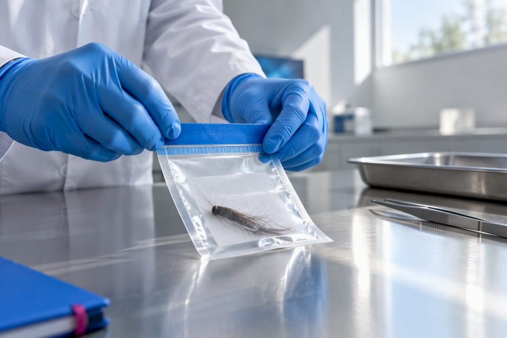 Sealed hair specimen in testing room