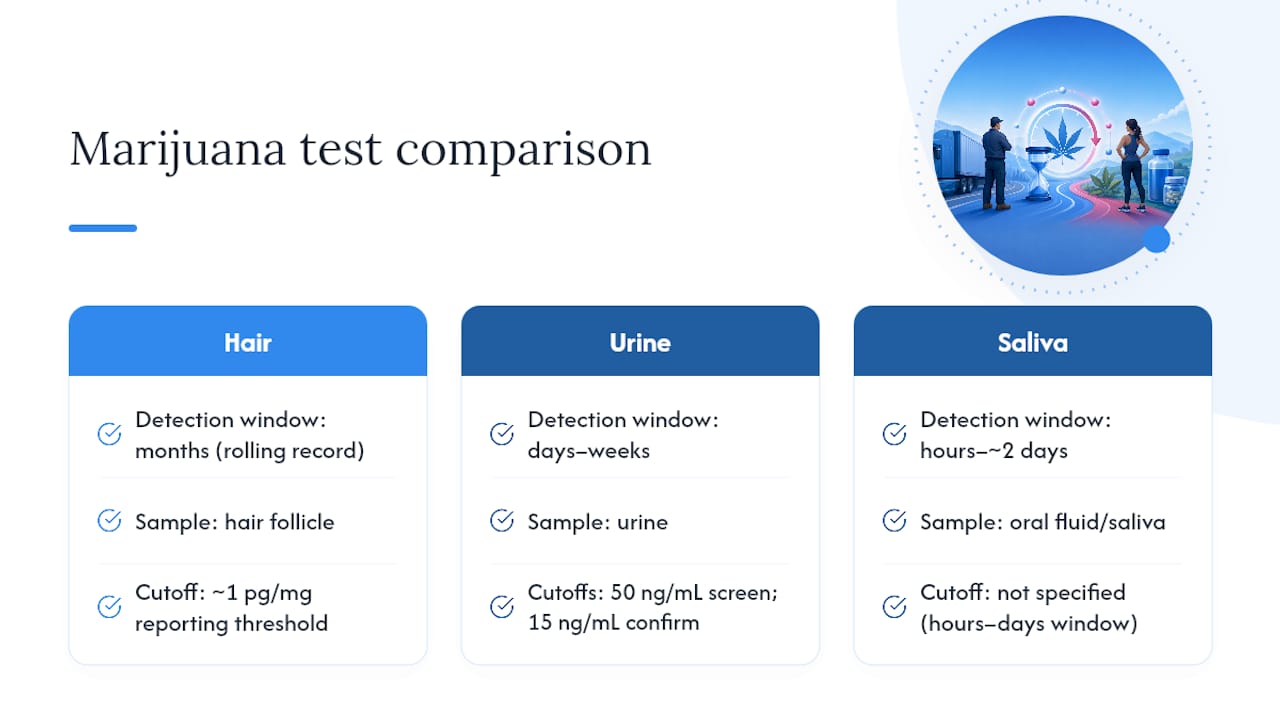 Comparison of hair urine and saliva testing