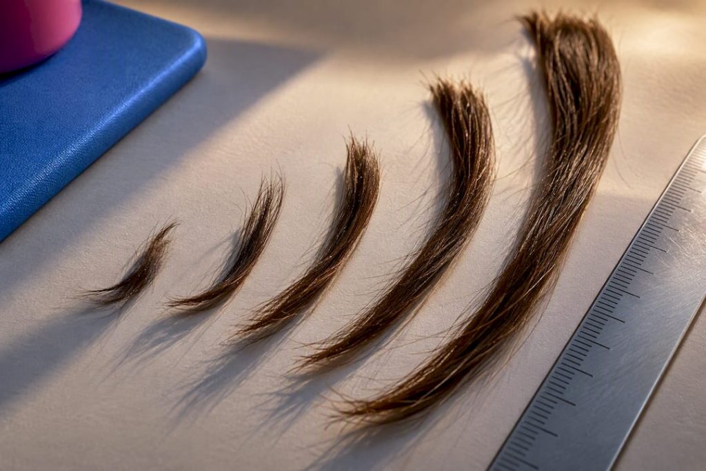 Hair strands arranged by measured length