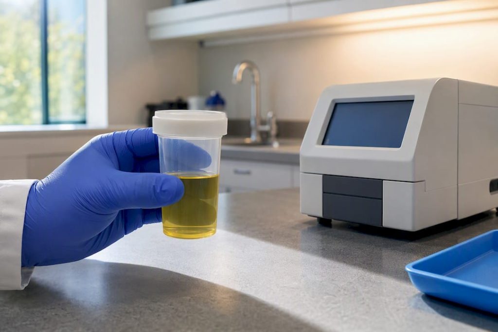 Anonymous urine specimen beside lab analyzer
