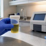 Anonymous urine specimen beside lab analyzer
