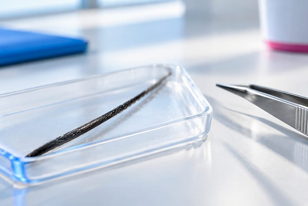 Hair strand prepared for forensic testing