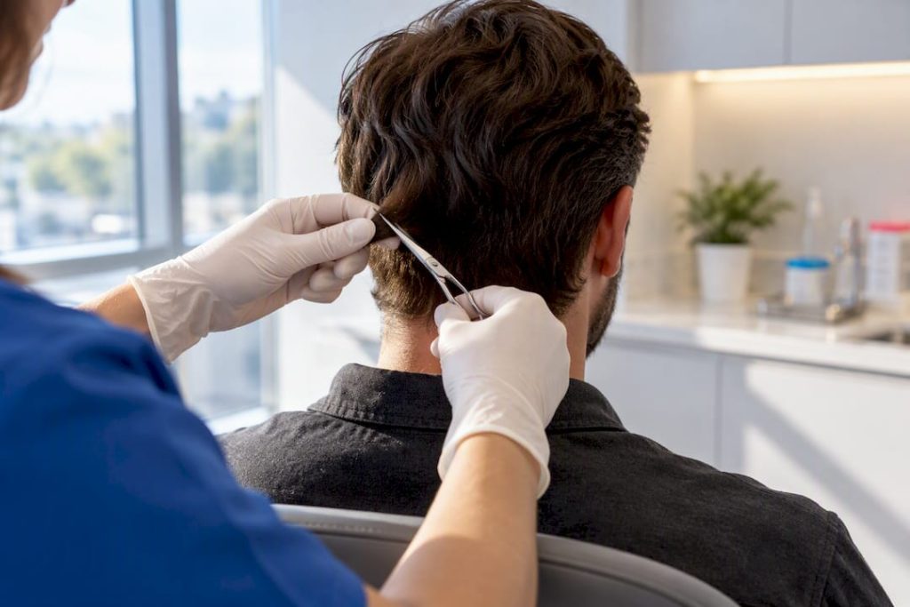 Technician collecting hair for drug test