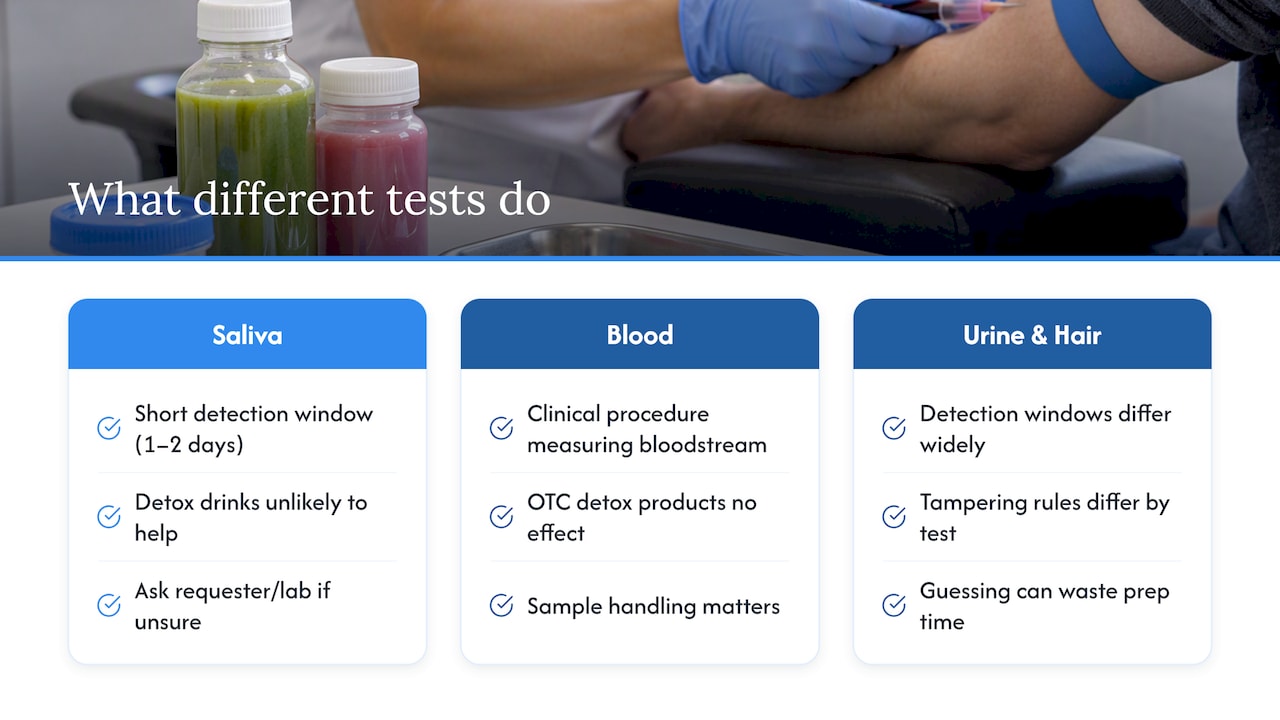 Saliva, blood, and other tests: what to expect — overview diagram