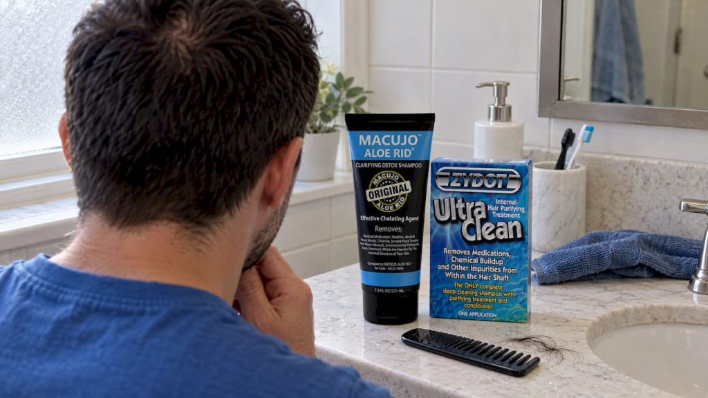 Macujo hair detox bundle on bathroom counter