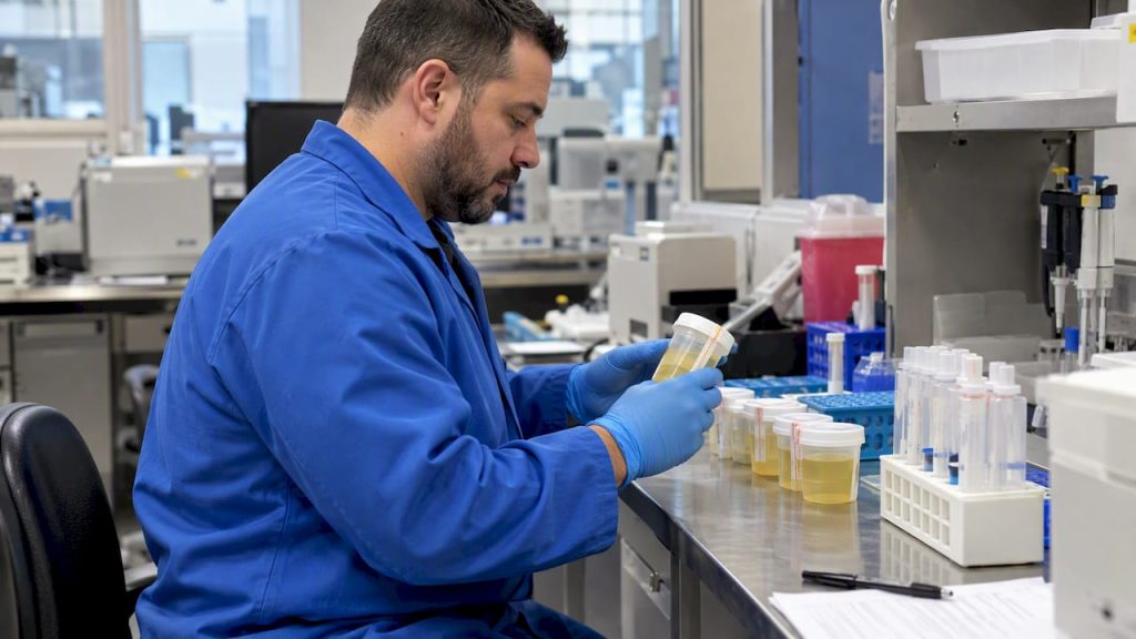 Technician checking urine and oral-fluid specimens