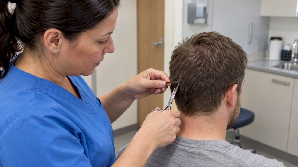 Collector trims hair for an EtG test