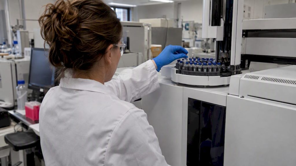 Analyst loading a specimen into GC-MS