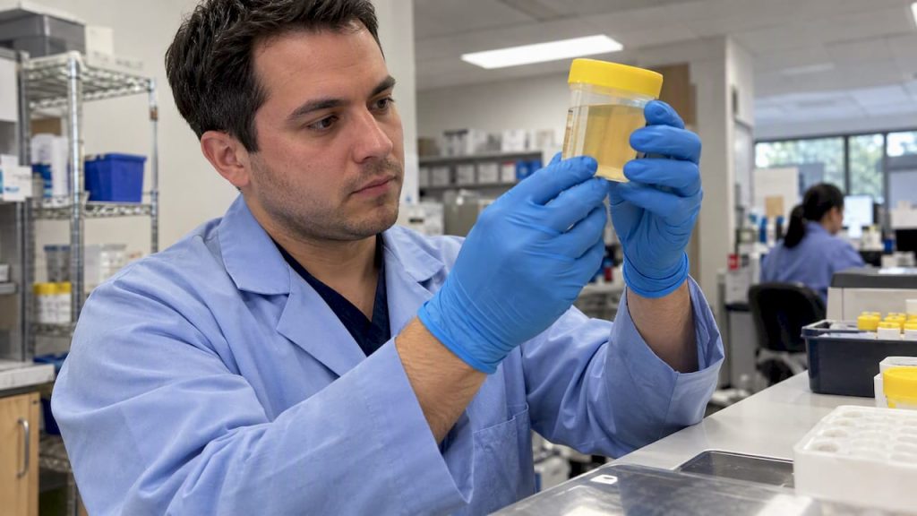 Technician checking a urine specimen cup