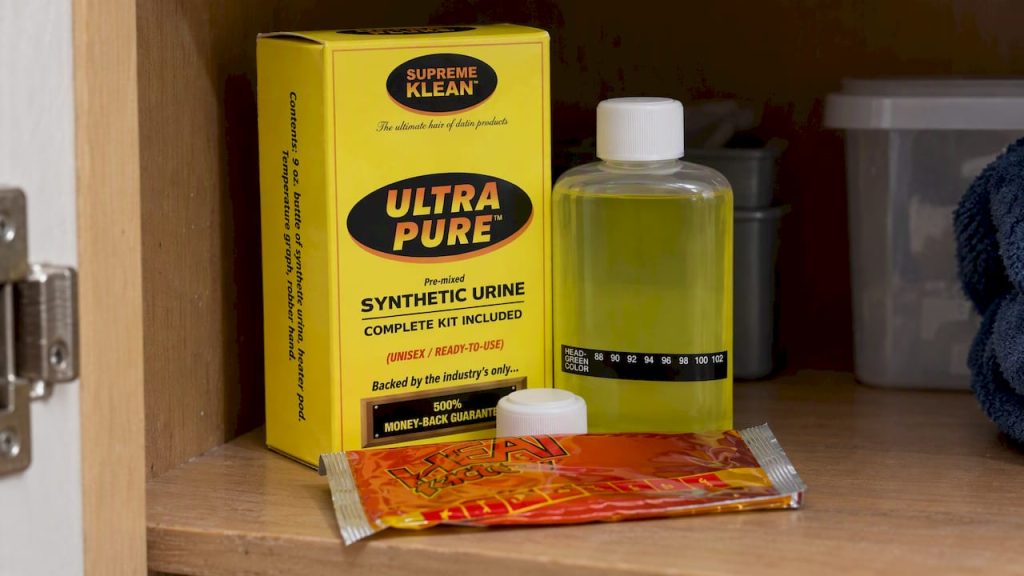 Synthetic urine kit stored on a shelf