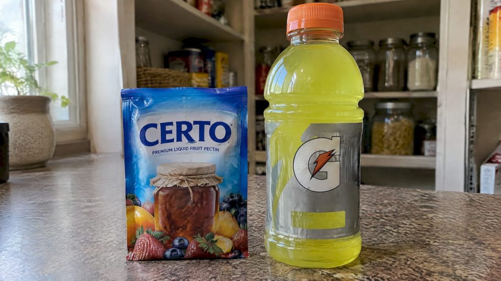 Certo and Gatorade packages on pantry counter