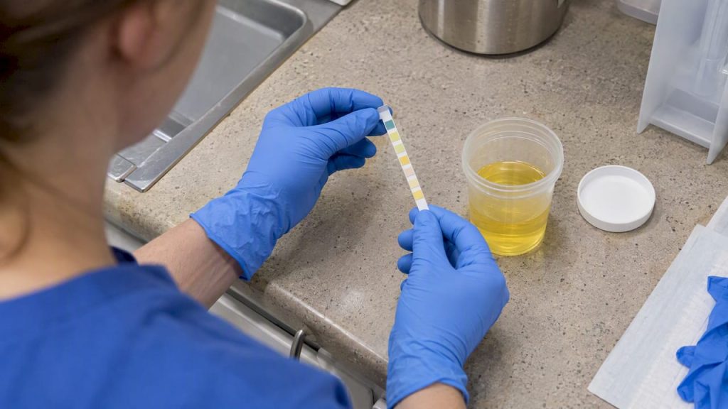 Urine pH strip beside a specimen cup