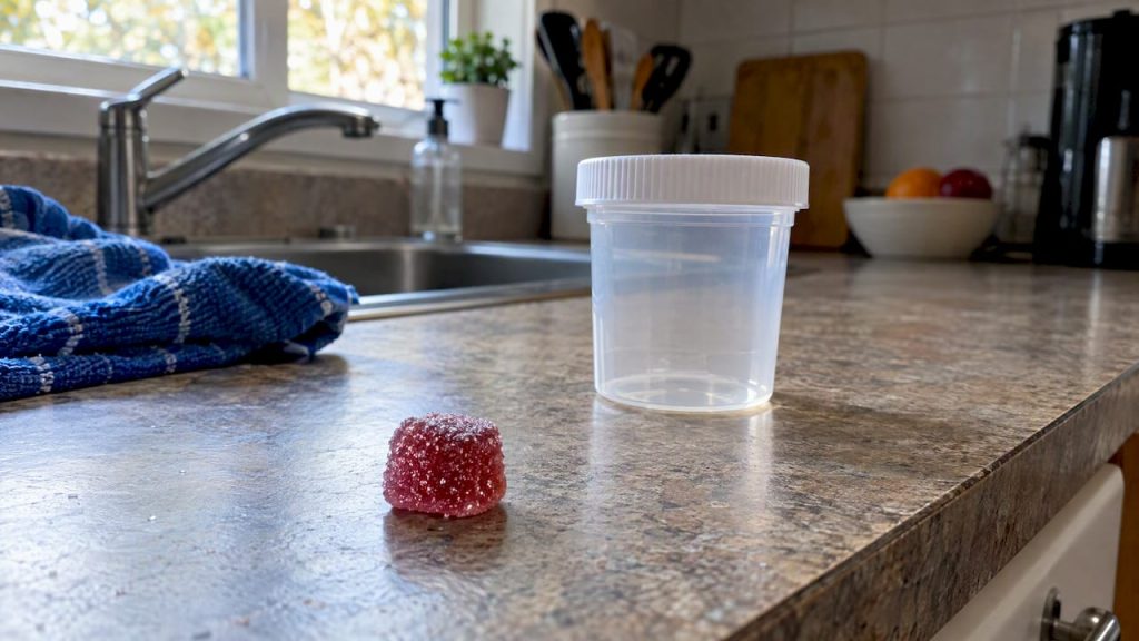 Edible gummy beside a specimen cup