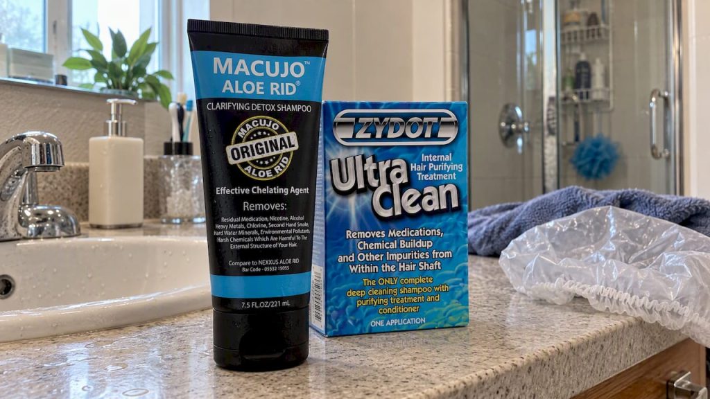 Macujo Aloe Rid and Zydot bundle on bathroom counter
