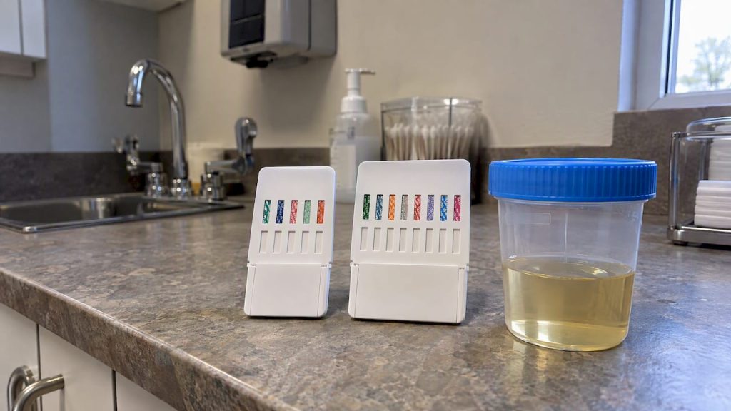 Two screening cards beside a specimen cup